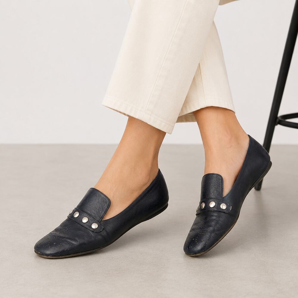 Vintage 60s Villager Navy Blue Leather Studded Mod Loafers Shoes 7.5B